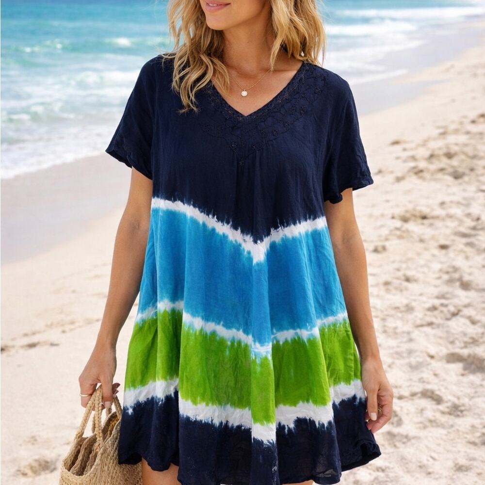 La LeeLa Vibrant Blue and Green Tie-Dye Dress